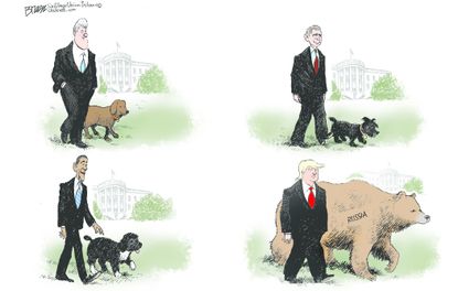 Political Cartoon U.S. Presidents first dogs Trump Russian bear