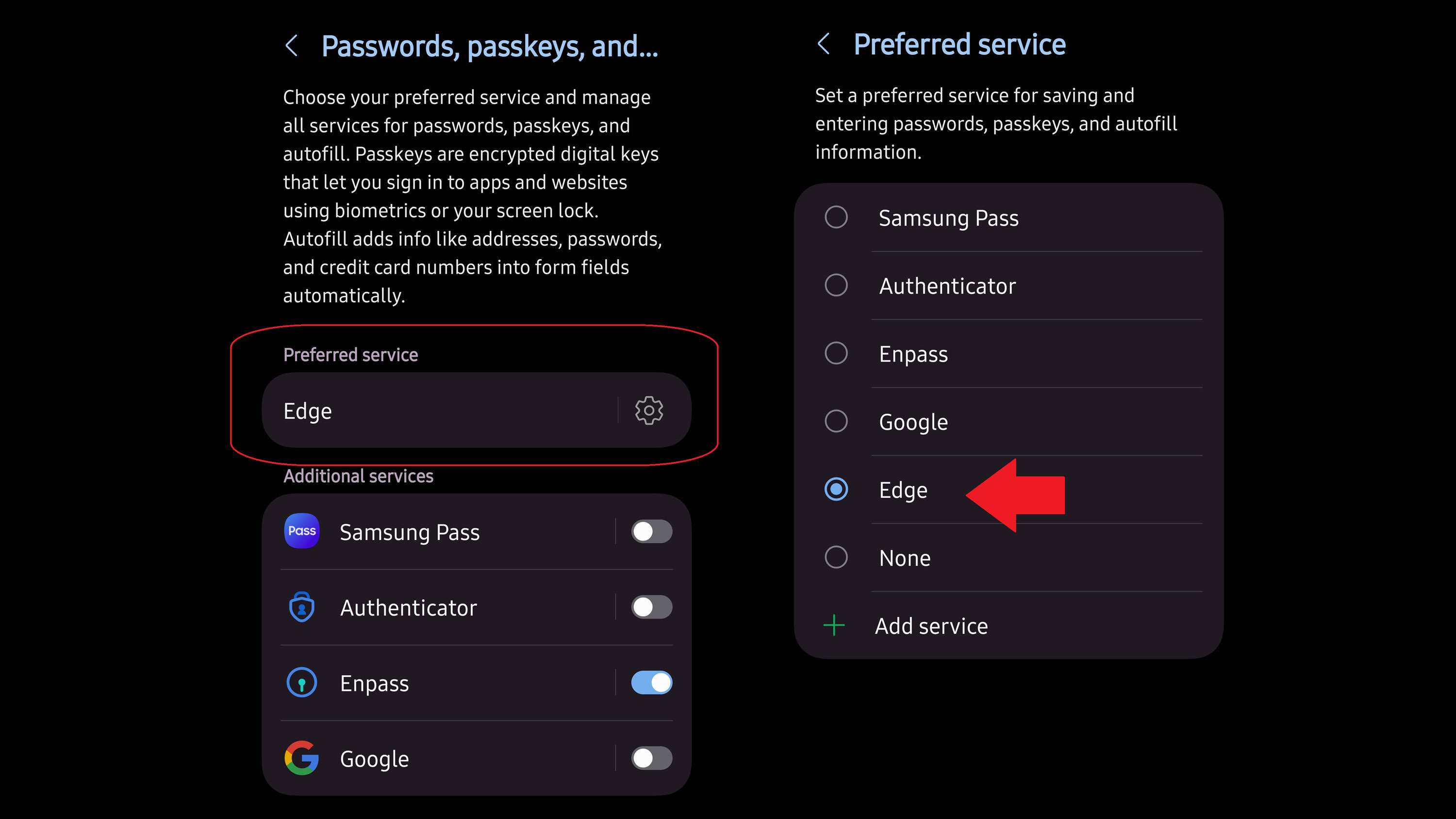 Enabling Microsoft Edge for autofilling passwords on a Samsung phone.