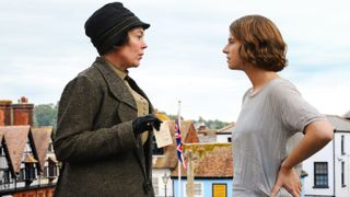 Edith (Olivia Colman) and Rose (Jessie Buckley) mid-conversation in "Wicked Little Letters"