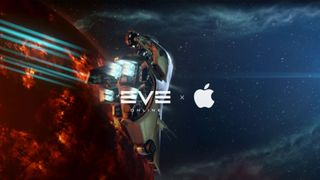 A spaceship orbiting a planet with the EVE Online and Apple logo's superimposed on the screen