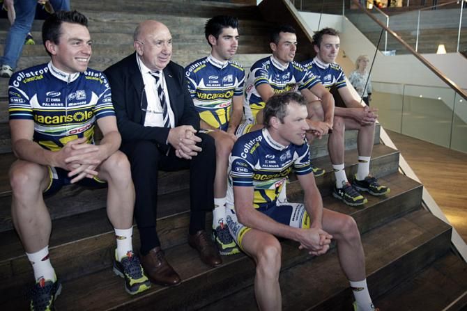 Kris Boeckmans, Hilaire Van der Schuren, Thomas de Gendt, Bjorn Leukemans, Willem Wauters and Frederik Veuchelen at the Vacansoleil-DCM presentation.
