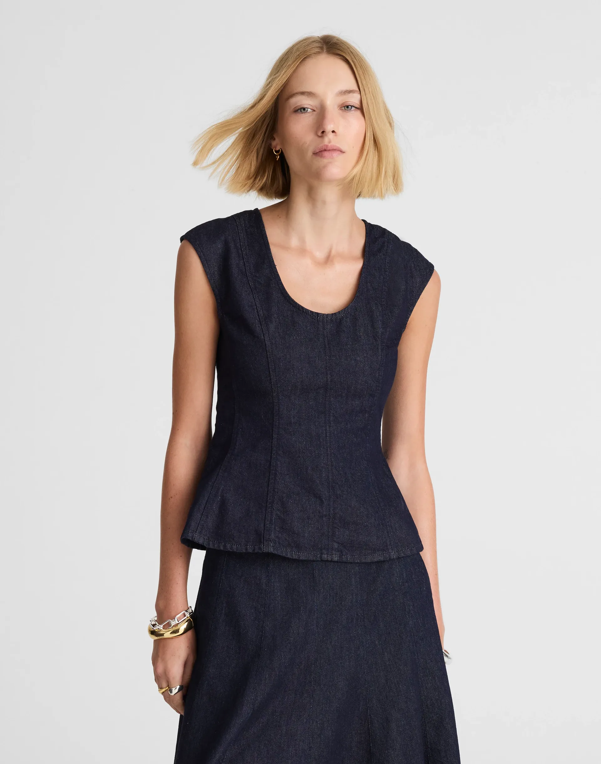Denim Seamed Scoopneck Top in Rinse Wash