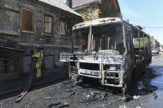 A burned-out bus in Donetsk following a series of bombings. 