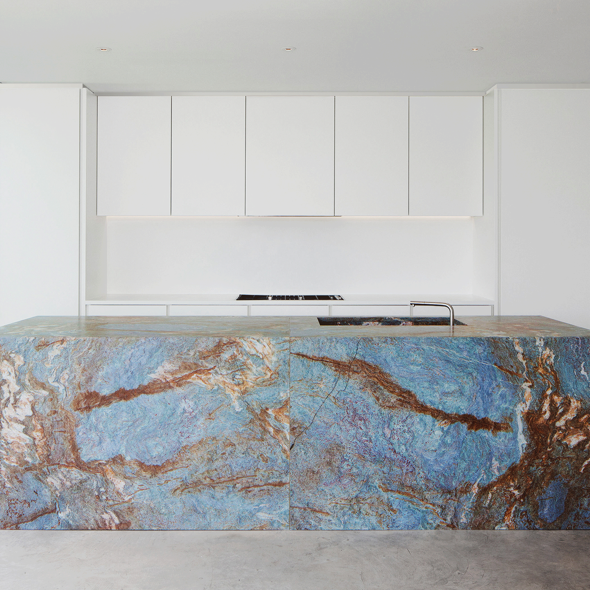 Blue and brown marble kitchen island