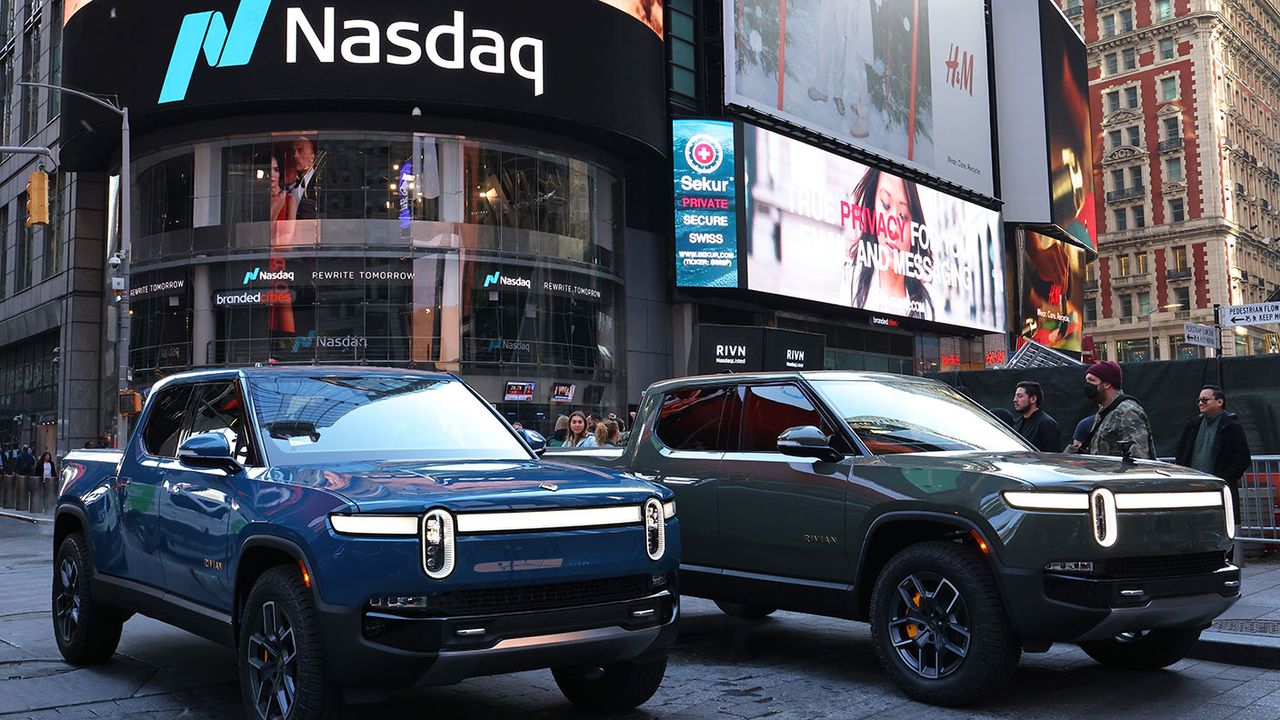 Rivian electric cars at the Nasdaq stock exchange