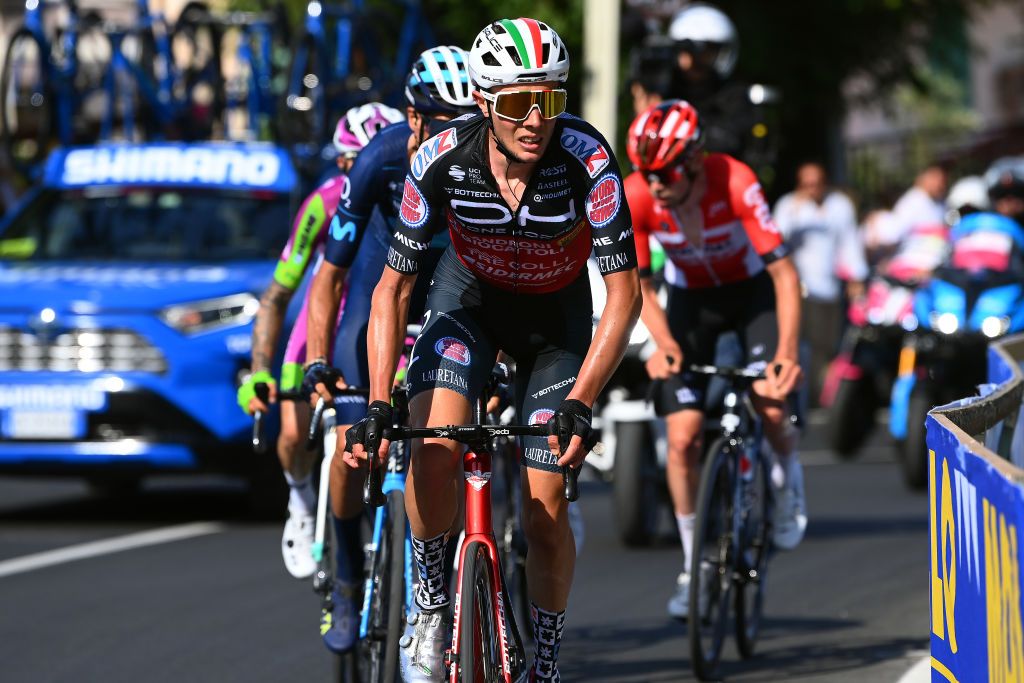 NAPOLI ITALY MAY 14 Simone Ravanelli of Italy and Team Drone Hopper Androni Giocattoli Sidermec competes in the breakaway during the 105th Giro dItalia 2022 Stage 8 a 153km stage from Napoli to Napoli Giro WorldTour on May 14 2022 in Napoli Italy Photo by Tim de WaeleGetty Images