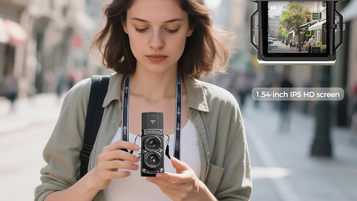 A lifestyle product picture of the CHUZHAO Retro TLR 12MP Digital Camera in use around a young woman's neck – she's looking down at the top LCD screen and using it outdoors on a street setting