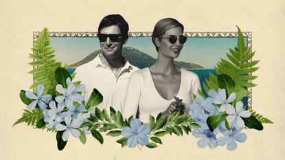Photo collage of Jared Kushner, Ivanka Trump, Sazan island, ferns, laurels and plumbago flowers