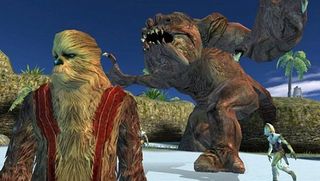 Best original Xbox games – Knights of the Old Republic screenshot of Chewie with a large toothed monster in the background