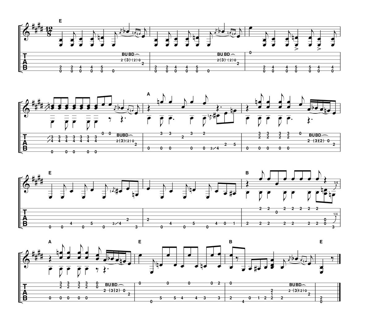 Bars 1 -3: Walter is muting lightly between each chord with the outer edge of his picking hand palm. In bar 2 the string bend phrase ends on the first beat of the next bar, forcing you to pickup the following rhythm phrase already part way into its pattern. Bars 4-6: Use your pick along with the index and annular fingers on your picking hand to play all the notes with up-stems, with the exception of the two strings bend phrases. Bars 7-9: More hybrid picking here: use the pick for the notes with down-stems, the annular (a) finger takes most of the up-stemmed notes with the exception of the open B string which is played with the middle finger.