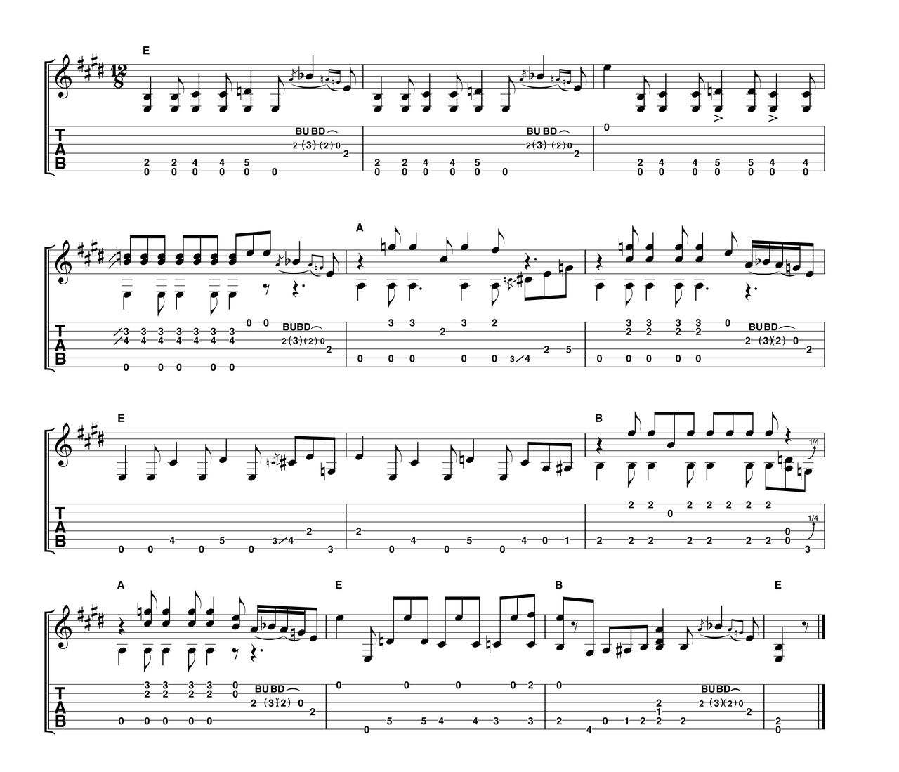 Bars 1 -3: Walter is muting lightly between each chord with the outer edge of his picking hand palm. In bar 2 the string bend phrase ends on the first beat of the next bar, forcing you to pickup the following rhythm phrase already part way into its pattern. Bars 4-6: Use your pick along with the index and annular fingers on your picking hand to play all the notes with up-stems, with the exception of the two strings bend phrases. Bars 7-9: More hybrid picking here: use the pick for the notes with down-stems, the annular (a) finger takes most of the up-stemmed notes with the exception of the open B string which is played with the middle finger.