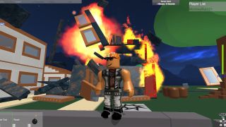 Games like Minecraft - a screenshot of a player standing in front of a burning house in Roblox