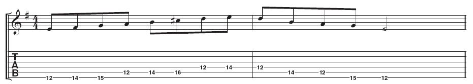 Example 4: This example is a variation: up the Dorian mode, down the minor pentatonic. If this is too much of a stretch, try playing the C# on the 4th string on the 11th fret. Remember this is an exercise, so it sounds pretty boring as a lick.