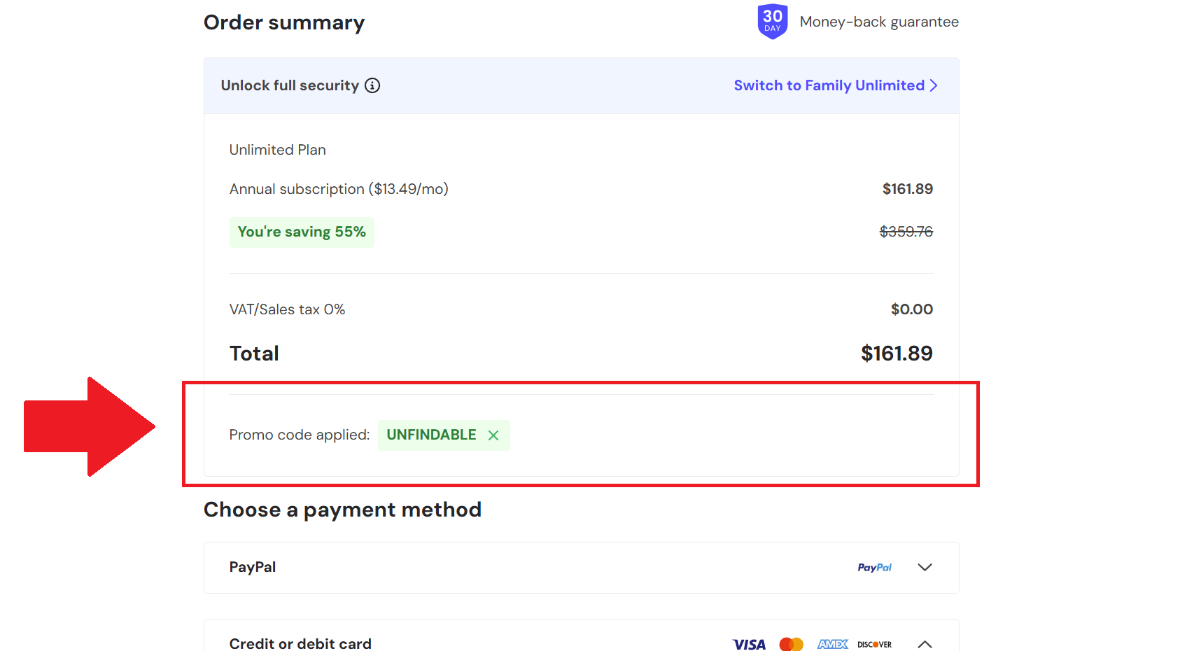 A screenshot of the incogni checkout page showing how to enter your incogni promo code
