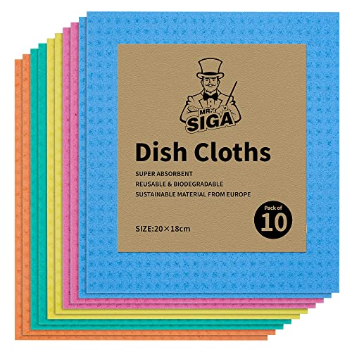 Mr.siga Reusable Dish Cloths, Cellulose Sponge Cloth for Kitchen, Absorbent Cleaning Cloth, 10 Pack, Multi Colors