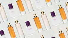 A collage featuring three of the best Zara perfumes featured in this guide, including Red Temptation, Gardenia and Golden Decade, all arranged in a diagonal line pattern, on a green/blue texture background