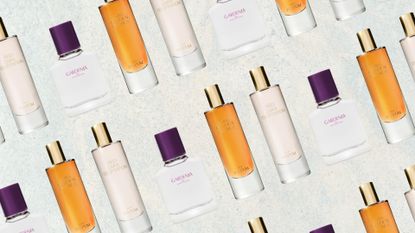 A collage featuring three of the best Zara perfumes featured in this guide, including Red Temptation, Gardenia and Golden Decade, all arranged in a diagonal line pattern, on a green/blue texture background
