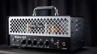 Best tube amps: Harley Benton Mighty-15TH on a cab on a dark grey/black background