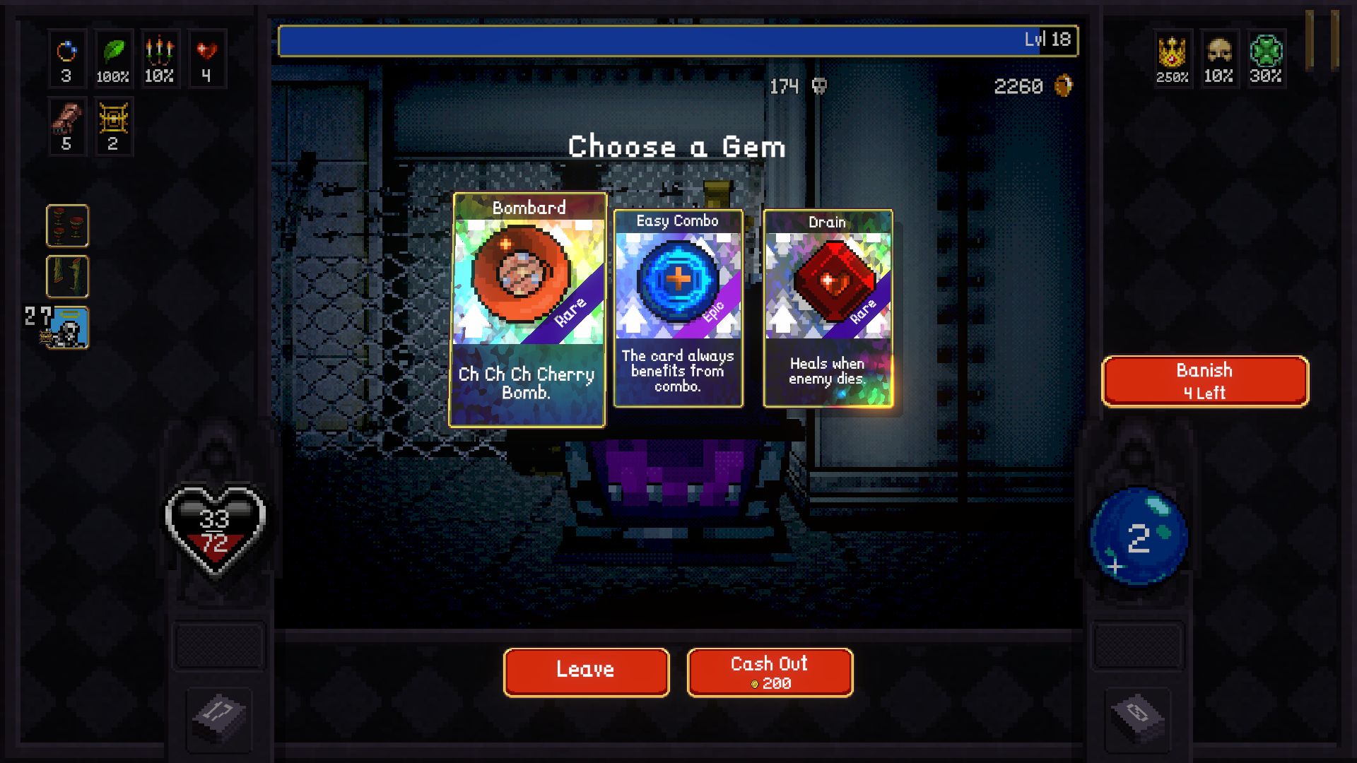 A pixelated game screen with a "Choose a Gem" prompt. Three gem options are shown: "Bombard," "Easy Combo," and "Drain." Each gem card has unique abilities and visual designs.