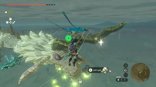 Link glides towards Farosh the dragon in Zelda Tears of the Kingdom