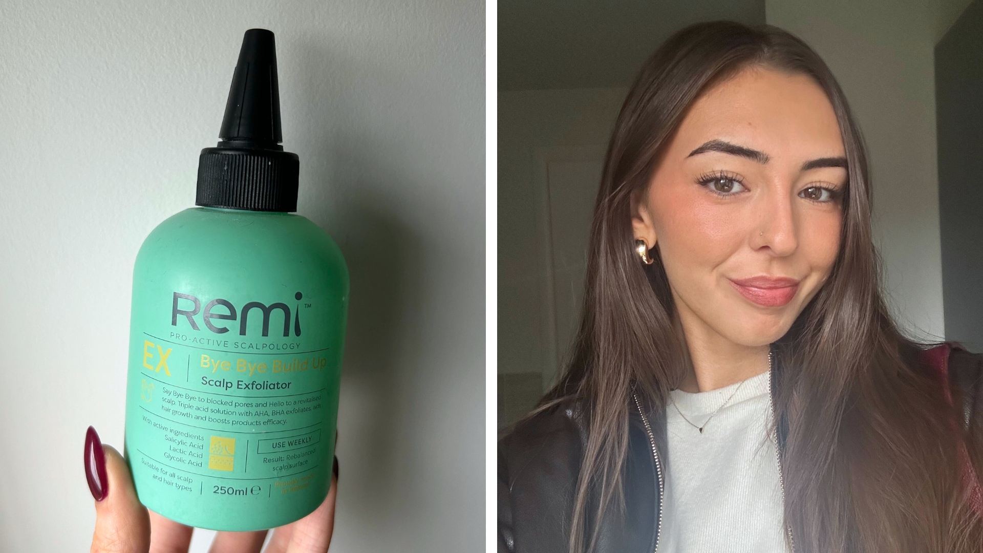 On the left, hand holding the turquoise bottle of Remi's Bye Bye Build Up Scalp Exfoliator, on the right an image of Sennen Prickett smiling with straight brunette hair, after using the scalp exfoliator