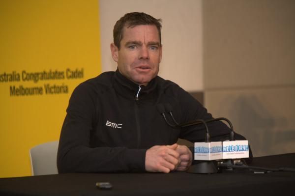 Cadel Evans speaks at the press conference in Melbourne