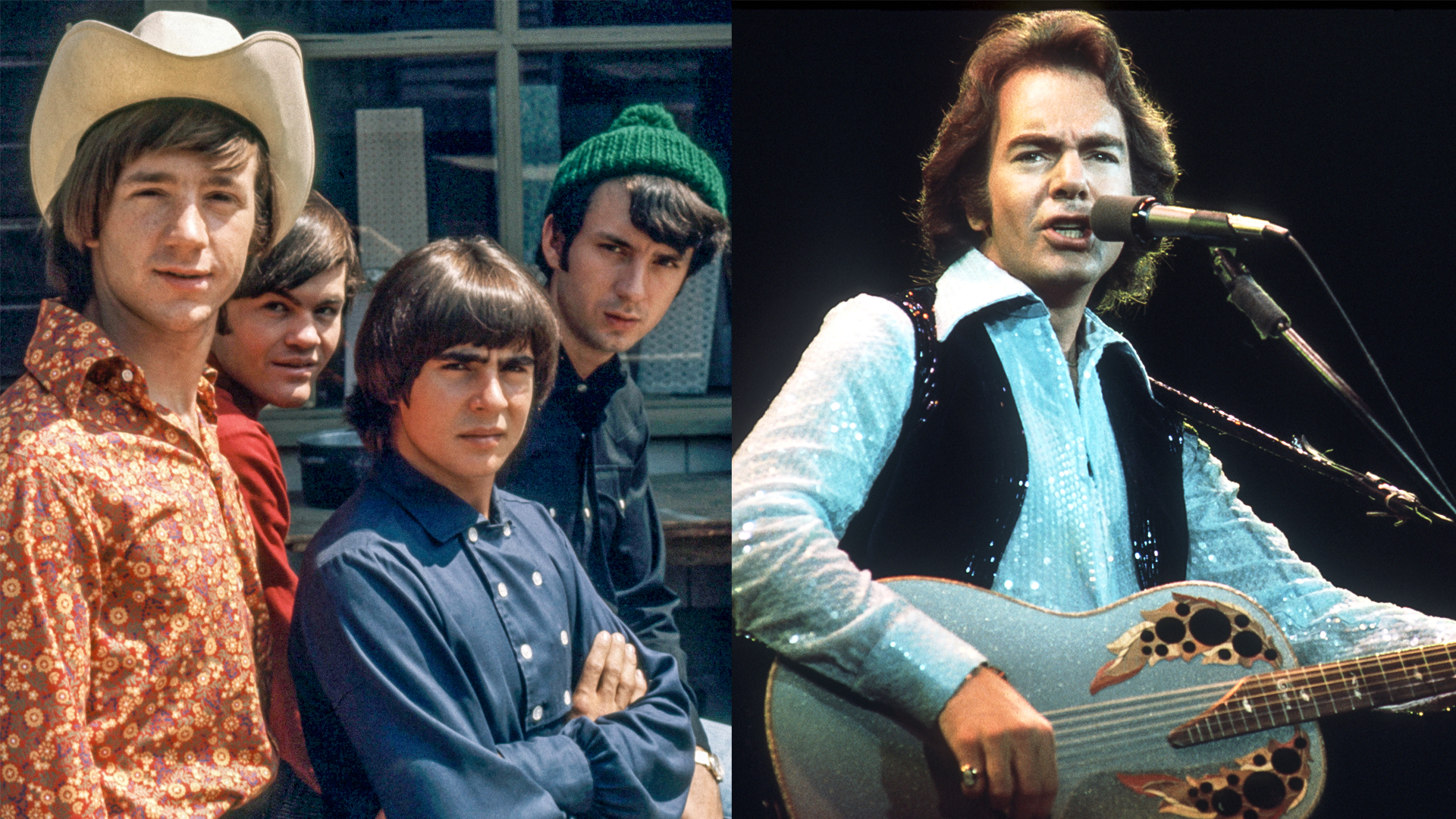 LEFT: The Monkees Davy Jones, Peter Tork, Micky Dolenz, Michael Nesmith. RIGHT: Neil Diamond performs onstage with an Ovation acoustic guitar in circa 1977 in Los Angeles, California. 