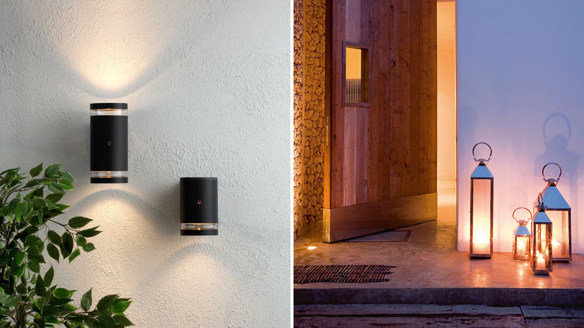 Compilation image of two house exteriors showing down lighter lights and lanterns to show how to make your house look expensive from the outside on a budget