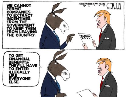 Political cartoon U.S. Donald Trump company threats