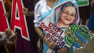 Students are holding placards of Prime Minister Sheikh Hasina as they celebrate the formation day of the Bangladesh Chhatra League, the student wing of the Bangladesh Awami League, at the University of Dhaka, ahead of the general election in Dhaka, Bangladesh, on January 4, 2024.