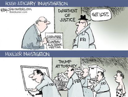 Political cartoon U.S. Trump Russia investigation FBI Mueller Clinton house judiciary investigation