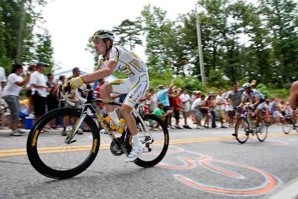 Craig Lewis (Columbia-HTC) leading the main group over Paris Mountain.