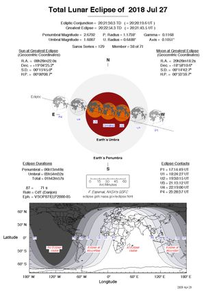 On July 27, 2018, a total lunar eclipse will be visible from South America, Europe, Africa, Asia and Australia. This NASA chart by eclipse expert Fred Espenak shows details and visibility projections for this “blood moon” eclipse.