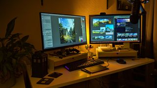 digital art accessories; a two-monitor desk setup