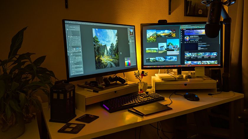 digital art accessories; a two-monitor desk setup