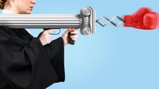 Illustration of a judge firing a courthouse column like an RPG, with a concertina boxing glove shooting out