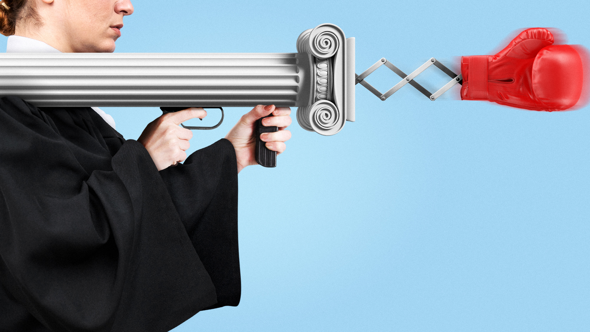 Illustration of a judge firing a courthouse column like an RPG, with a concertina boxing glove shooting out