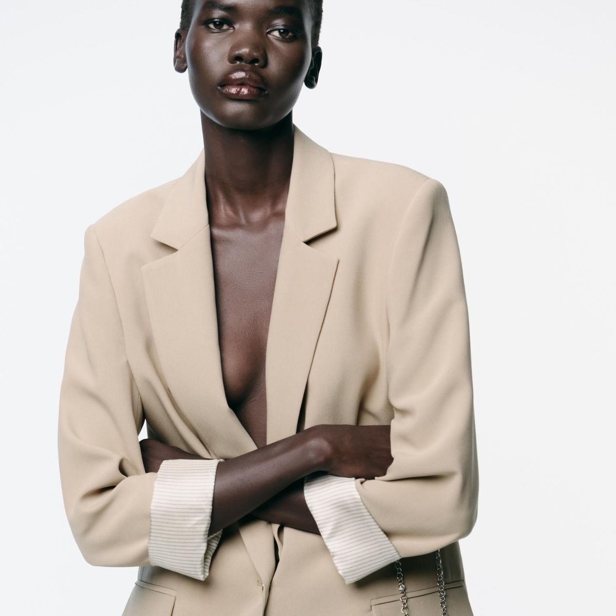 Zara model wearing beige blazer