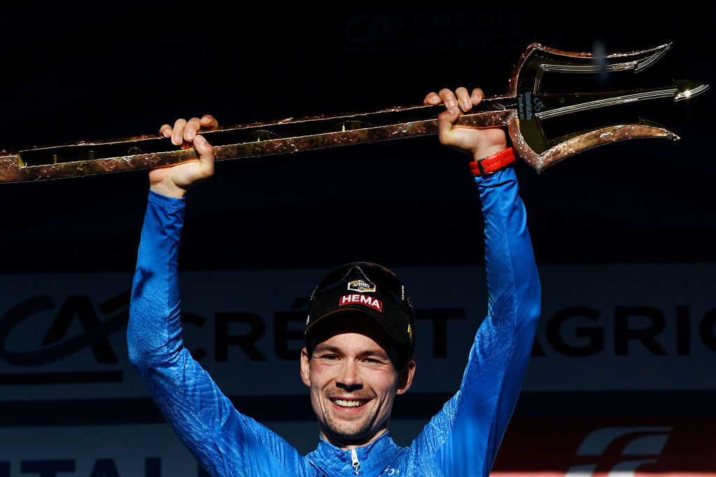 SAN BENEDETTO DEL TRONTO ITALY MARCH 12 Primoz Roglic of Slovenia and Team Jumbo Visma celebrates at podium as Blue Leader Jersey winner with the trident trophy during the 58th TirrenoAdriatico 2023 Stage 7 a 154km stage from San Benedetto del Tronto to San Benedetto del Tronto UCIWT TirrenoAdriatico on March 12 2023 in San Benedetto del Tronto Italy Photo by Tim de WaeleGetty Images
