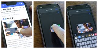 Series of three images showing a photo being dragged and dropped from Safari to iMessage in iOS 15