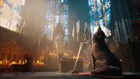 Inside a cathedral, a wolf sits howling in front of a sword embedded in a bonfire.