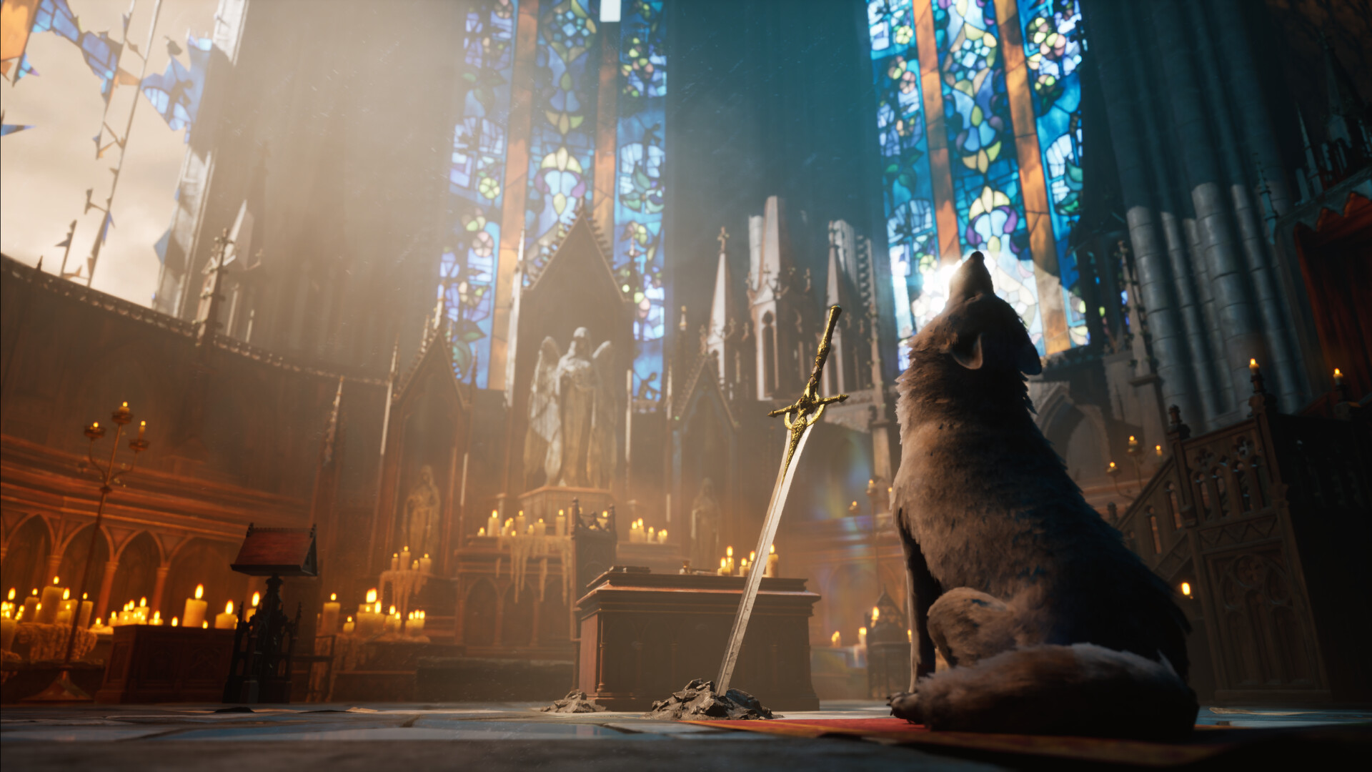 Inside a cathedral, a wolf sits howling in front of a sword embedded in a bonfire.
