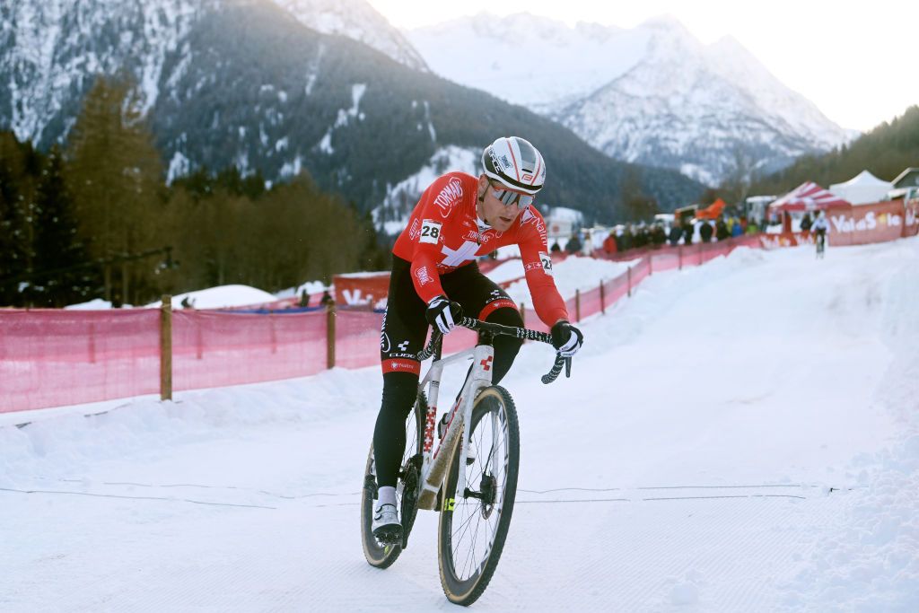 VERMIGLIO ITALY DECEMBER 17 Kevin Kuhn of Switzerland and Tormans Cyclo Cross Team competes during the 2nd UCI Cyclocross World Cup Val Di Sole 2022 Mens Elite CXWorldCup on December 17 2022 in Vermiglio Italy Photo by Dario BelingheriGetty Images