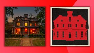 A shot of the mansion from Stranger Things next to an illustration of the same house on a red background