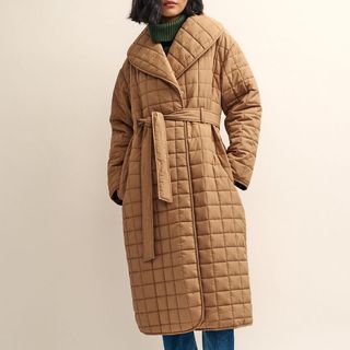 camel square quilted puffer coat with belt