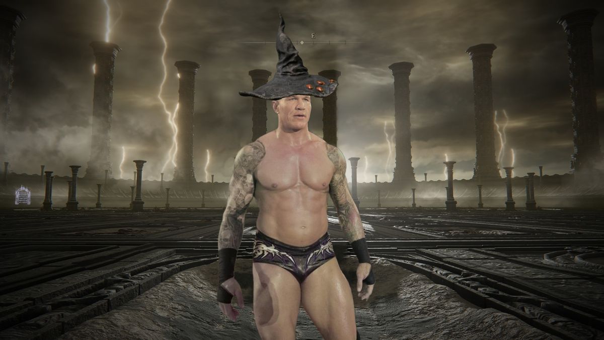 Randy Orton in the Placidusax boss arena in Elden Ring