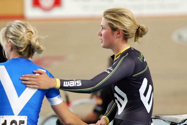 Sarah Kent (WA) is congratulated by a fellow competitor after her barnstorming ride