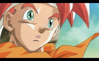 Still from a Chrono Trigger cutscene showing a close up of protagonist Crono's face