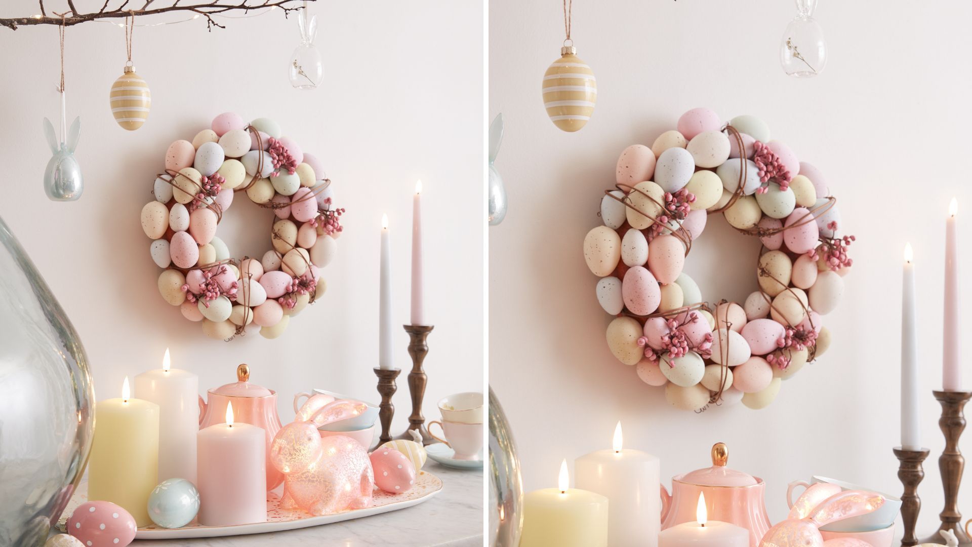 pastel egg wreath above a mantel ledge demonstrating a charming Easter mantel decor idea