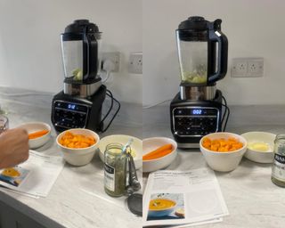 A before and after shot of chopping an onion in the Ninja Foodi Blender & Soup Maker